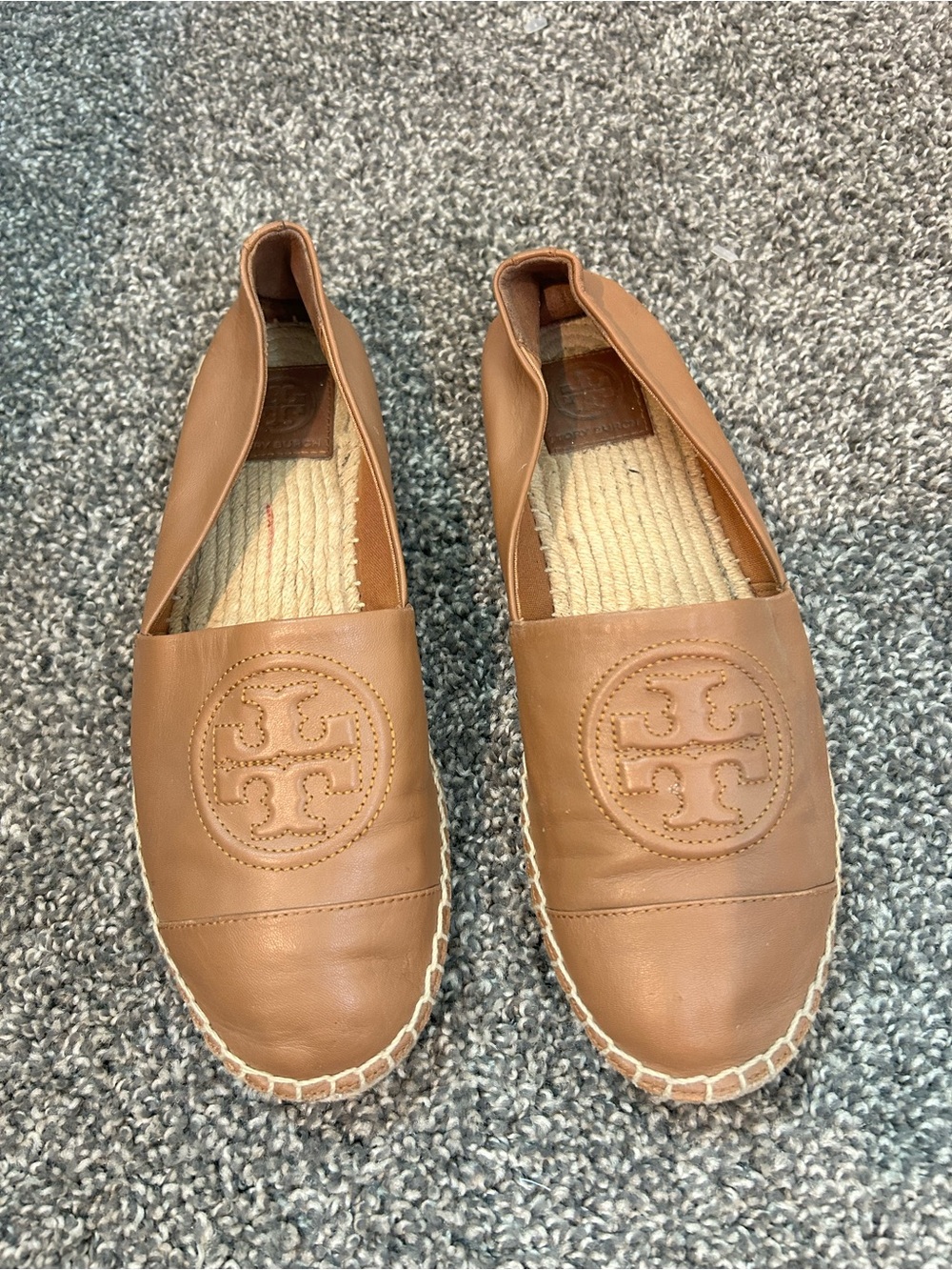 Tory Burch Tan Leather Espadrille Flats Logo Slip-On Shoes Women’s Size 8.5
